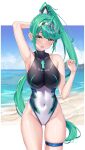 1girl alluring bare_legs big_breasts breasts collarbone covered_navel green_eyes green_hair hair_ornament high_ponytail high_res impossible_clothes impossible_swimsuit long_hair looking_at_viewer matrix16 multicolored_clothes multicolored_swimsuit one-piece_bikini one-piece_swimsuit open_mouth pneuma_(xenoblade) smile swimsuit thigh_strap very_long_hair xenoblade_(series) xenoblade_chronicles_2