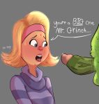  1boy 1girl big_penis blonde_hair blue_eyes blush christmas dialogue donna_who english_text eyebrows fur green_skin how_the_grinch_stole_christmas looking_at_penis open_eyes open_mouth purple_sweater shocked sweat sweatband sweatdrop text the_grinch tongue_out turtleneck 