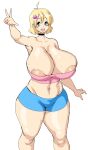  armpits blonde_hair breasts collarbone female gigantic_breasts mole mole_on_breast navel nipples nipples_through_clothes ocidasilver open_mouth shoko_(ocidasilver) short_hair smile thick_thighs thighs twitter white_background 