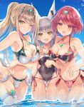 3_girls alluring big_breasts bikini black_one-piece_swimsuit black_swimsuit blonde_hair breasts cat_ears cat_girl clouds core_crystal covered_navel earrings facial_markings grey_hair hinot in_water inoue_takuya_(pixiv_99697) locked_arms looking_at_viewer midriff mythra navel nia nia_(blade)_(xenoblade) nia_(xenoblade) nintendo ocean one-piece_swimsuit outside ponytail pyra red_bikini red_eyes red_hair red_swimsuit short_hair sky small_breasts swimsuit tiara twin_tails water white_bikini white_swimsuit winking winking_at_viewer xenoblade_(series) xenoblade_chronicles_2 yellow_eyes