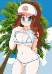 baseball_cap bikini blue_eyes blush breasts brown_hair cleavage erect_nipples frown hat large_breasts long_hair naitou_kouse pokemon pokemon_(game) pokemon_black_and_white pokemon_bw ponytail shirt_lift sweatdrop swimsuit touko_(pokemon) white_(pokemon)