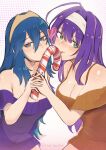  2_girls alluring alternate_costume bare_shoulders blue_eyes blue_hair breasts candy candy_cane christmas cleavage fire_emblem fire_emblem:_path_of_radiance fire_emblem:_radiant_dawn fire_emblem_awakening food green_eyes hairband heart high_res holding holding_candy holding_food long_hair looking_at_viewer lucina lucina_(fire_emblem) medium_breasts mia_(fire_emblem) multiple_girls nintendo off-shoulder_shirt off_shoulder orange_shirt purple_hair purple_shirt shirt short_sleeves upper_body very_long_hair vialnite white_hairband 