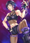 1girl alluring athletic_female black_and_purple_hair female_abs fit_female lightning medium_breasts namco pantyhose purple_eyes reina_(tekken) reverend shoes shorts sports_bra tekken tekken_8