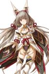 1girl :d alluring animal_ears bare_shoulders breasts bridal_gauntlets cleavage_cutout clothing_cutout detached_sleeves high_res jewelry leotard light_brown_hair long_hair long_sleeves looking_at_viewer low-tied_long_hair low_twintails necklace nia_(blade)_(xenoblade) nia_(xenoblade) nintendo open_mouth redpoke simple_background small_breasts smile spoilers standing stockings twin_tails v very_long_hair white_background white_thighhighs xenoblade_(series) xenoblade_chronicles_2 yellow_eyes