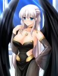 1girl angel_wings black_wings blue_eyes blush breasts choker cosplay detached_sleeves dress earrings erect_nipples female half_updo huge_breasts jewelry kafu long_hair mabinogi morrighan morrighan_(cosplay) nao nao_(mabinogi) neamhain neamhain_(cosplay) necklace see-through silver_hair smile solo strapless_dress wings