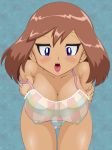 1girl bad_anatomy bikini blue_eyes blush breasts brown_hair cleavage erect_nipples fat_mons haruka_(pokemon) large_breasts lupus naughty_face pokemon see-through swimsuit undressing