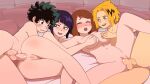  2_girls 2boys anal_penetration bed black_hair blonde_hair breasts brown_hair denki_kaminari gif green_hair izuku_midoriya kyoka_jiro my_hero_academia nipples nude ochako_uraraka penis pillow pussy sex short_hair smile testicle vaginal_penetration 