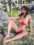 1girl 3d alluring athletic_female barefoot bikini braid brown_hair brunette feet female_abs fit_female freckles glasses julia_chang large_breasts namco nature tekken toes twin_tails whacksworx