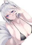 1girl alexi_oekaki animal_ear_fluff animal_ears azur_lane big_breasts bikini black_bikini blue_eyes breasts cleavage fox_ears fox_tail grey_hair hand_on_own_face high_res kaga_(azur_lane) looking_at_viewer micro_bikini multiple_tails simple_background swimsuit tail white_background