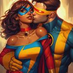  ai_edit ai_generated bare_shoulders big_breasts brown_eyes brown_hair brown_skin choker collarbone cyclops_(x-men) dark-skinned_female earrings eyemask hand_on_waist interracial kamala_khan kissing_cheek light-skinned_male long_hair marvel marvel_comics ms._marvel muscular_male muslim_female older older_female scott_summers superhero superheroine tight_clothing x-men young_adult young_adult_female young_adult_woman 