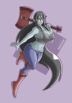 1girl adventure_time bare_shoulders black_hair boots breasts cleavage crop_top fangs grey_skin grin guitar holding huge_breasts jeans leg_lift long_hair looking_at_viewer marceline midriff navel pointy_ears red_boots red_eyes simple_background takilmar thighs vampire very_long_hair wide_hips