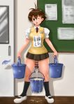 1girl ;p androgynous antenna_hair breasts brown_eyes brown_hair bucket cum cum_in_container ejaculation fish footwear futanari handsfree_ejaculation large_breasts necktie no_panties one_eye_closed penis short_hair skirt socks solo tied_penis tomboy tongue tongue_out translated umihara_kawase umihara_kawase_(character) very_short_hair water wink