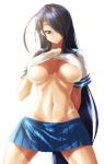  1girl blue_eyes blue_hair breasts female hair hair_over_one_eye ikkitousen kan&#039;u_unchou kanu_unchou large_breasts long_hair midriff navel nekomamire school_uniform serafuku shirt_lift solo standing underboob very_long_hair white_background 