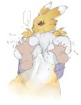 1_female 1girl anthro anthro_canine anthro_fox big_breasts blue_eyes blush breast_grab breasts canine detached_sleeves digimon digimon_tamers disembodied_hand female female_anthro female_anthro_fox female_renamon first_person_view fox front_view fur furry grabbing heart human kousoku mostly_nude nipples pov renamon slit_pupils standing sweat text toei_animation vixen white_fur yellow_fur