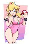  1girl 2d bite_mark blonde_hair blue_eyes bracelets caucasian collar crown cuffs female female_only leotard lipstick mushroom pink_leotard princess_peach proxt2k red_lipstick solo spiked_bracelet spiked_collar standing super_mario_bros. 