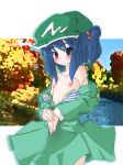  1girl akihara_nakuru bare_shoulders blue_eyes blue_hair blush bra bra_pull breast_padding dress dress_pull female flat_chest hair_bobbles hair_ornament hat jacket kawashiro_nitori lingerie nakuru nipples nitori_kawashiro nude open_clothes open_jacket solo striped striped_bra topless touhou twintails underwear undressing 