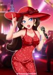 1girl 2d bare_shoulders blue_eyes bracelet brown_hair caucasian cleavage coconcrash dress earrings female female_only hat long_hair mario_(series) microphone nintendo non-nude painted_nails pauline red_dress red_hat red_lipstick red_nails solo super_mario_odyssey tight_clothing tight_dress