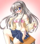  1girl blush bra clannad desk hiiragi_tomoka lingerie panties pink_panties sakagami_tomoyo school_uniform side-tie_panties silver_hair solo tomoyo_sakagami underwear undressing 