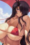 #1 1girl areola areolae bikini black_hair blue_eyes blush breasts erect_nipples hair_over_one_eye huge_breasts ikkitousen ikkitousen_dragon_destiny kan'u_unchou kanu_unchou long_hair micro_bikini mogudan open_mouth sky solo sweat swimsuit umbrella under_ground