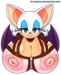  1girl 1girl 2019 anthro big_breasts breasts chiropteran cleavage clothed clothing digital_media_(artwork) eyeshadow furry green_eyes hair high_res huge_breasts lipstick looking_at_viewer makeup mammal matospectoru membrane_(anatomy) membranous_wings nipples rouge_the_bat sega simple_background smile video_games white_background wings 