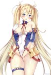 arm_behind_back bare_shoulders blonde_hair blue_eyes bradamante_(fate) breasts_out_of_clothes covered_navel elbow_gloves embarrassed fate_(series) french_braid gluteal_fold hair_ornament innie_pussy katzchen leotard_aside looking_at_viewer medium_breasts open_mouth paipan skindentation standing thigh_strap twin_tails two_side_up uncensored vaginal_juices