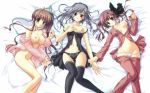 3girls 8:5 akane-iro_ni_somaru_saka bed black_panties blue_eyes bottomless bow bow_panties breasts brown_hair hand_holding highres holding_hands izumi_tsubasu katagiri_yuuhi legs long_legs lowleg lowleg_panties lying mikoto_tachibana minato_nagase multiple_girls nagase_minato nipples no_panties open_clothes open_shirt pajamas panties panty_pull polka_dot polka_dot_panties purple_hair ryohka ryouka_(suzuya) shirt side-tie_panties tachibana_mikoto thighhighs thighs underwear wallpaper white_panties yuuhi_katagiri