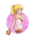 1girl 2d ass bedroom_eyes blonde_hair blue_eyes bra caucasian crown crown_removed earrings female female_only garter_belt garter_straps lingerie lipstick looking_at_viewer negligee painted_nails panties pink_lipstick pink_nails princess_peach seductive solo stockings super_mario_bros. thebourgyman