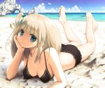  1girl barefoot beach bikini blonde_hair breasts chin_rest cleavage feet female gif green_eyes long_hair looking_at_viewer lying nemutai_(fsn19123) on_stomach original sand side_ponytail sky smile soles solo swimsuit toe_scrunch toes water 