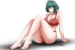  1girl ahoge alluring bare_legs bare_shoulders big_breasts blush bra cameltoe dead_or_alive dead_or_alive_6 dead_or_alive_xtreme dead_or_alive_xtreme_venus_vacation full_body green_eyes green_hair jmata mole mole_under_eye multicolored_hair panties red_bra red_panties sitting streaked_hair tagme tamaki_(doa) tecmo toes underwear white_background 