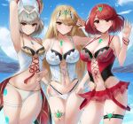  3_girls alluring big_breasts bikini_bottom bracelet bracelets cat_ears catgirl core_crystal doiparuni grin grinning leg_strap midriff mythra mythra_(xenoblade) nia nia_(xenoblade) nintendo pyra pyra_(xenoblade) small_breasts swimsuit thigh_strap waving waving_at_viewer xenoblade_(series) xenoblade_chronicles_2 