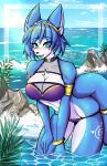  1girl alluring anthro beach big_breasts bikini bloodlustfox_(artist) blue_fur blue_sky cleavage drfoxxbutt green_eyes krystal nintendo ocean pin_up sea star_fox star_fox_assault vixen 