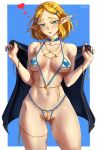 1girl alluring bikini blonde_hair blush braid cape cleavage collarbone elf female_only gluteal_fold green_eyes hair_ornament hairclip heart high_res jewelry legs long_hair looking_at_viewer medium_breasts micro_bikini nail_polish navel nintendo partially_visible_vulva pointy_ears princess_zelda shiny_skin short_hair smile spoken_heart standing sweat swimsuit the_legend_of_zelda the_legend_of_zelda:_tears_of_the_kingdom thigh_gap thighs ultrabinou venus_bikini