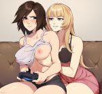 2_girls allen_skies bare_shoulders big_breasts blush breast_grab breasts brown_eyes brown_hair cleavage controller emilie_de_rochefort female_only game_controller gamepad grabbing grabbing_another's_breast grabbing_from_behind groping hand_under_clothes high_res holding holding_controller holding_game_controller kazama_asuka long_hair molestation multiple_girls namco navel nipple_stimulation nipple_tweak nipples one_breast_out open_mouth playstation_controller short_hair tank_top tekken tomboy yuri