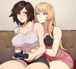  2_girls allen_skies bare_shoulders big_breasts blush breast_grab breasts brown_eyes brown_hair cleavage controller emilie_de_rochefort female_only game_controller gamepad grabbing grabbing_another&#039;s_breast grabbing_from_behind groping hand_under_clothes high_res holding holding_controller holding_game_controller kazama_asuka long_hair molestation multiple_girls namco navel nipple_stimulation nipple_tweak nipples open_mouth playstation_controller short_hair tank_top tekken tomboy yuri 