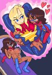  2_girls adult adult_and_young_adult adult_female age_difference big_breasts blonde_hair blue_eyes breast_grab brown_eyes brown_hair brown_skin captain_marvel carol_danvers dark-skinned_female fantasizing heart-shaped_pupils hearts horny_female huge_breasts kamala_khan light-skinned_female long_hair marvel marvel_comics masturbation ms._marvel muslim muslim_female older older_female pakistani_female superheroine sweat sweating theguywhodrawsalot tongue_out young_adult young_adult_female young_adult_woman 