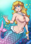 1girl alternate_species alternate_version_available bare_breasts big_breasts blonde_hair blue_eyes bracelet bracelets breasts earrings female female_only fish fish_tail humanoid jewelry long_hair mario_(series) mermaid mermaid_peach midriff monster_girl navel necklace necklace_between_breasts nintendo nipples nude ocean princess_peach princess_peach:_showtime! redjet scales sea solo starfish_pasties underwater water