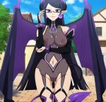  black_hair demon_ears demon_girl demon_horns demon_tail demon_wings edit glasses leotard long_hair looking_at_viewer lv2_kara_cheat_datta_moto_yuusha_kouho_no_mattari_isekai_life mole_under_mouth nekom14 nipples_visible_through_clothing phufun purple_eyes pussy_visible_through_clothes screencap 