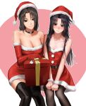  2_girls annoyed annoyed_expression black_hair christmas christmas_outfit christmas_present denggu_5 embarrassed genderswap genderswap_(mtf) itachi_uchiha naruto_shippuden rule_63 santa_costume santa_hat sasuke_uchiha sasuko sisters 