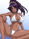 1girl armpits bangs barefoot bikini black_hair bleach blue_background breasts bursting_breasts cameltoe cleavage cleavage_cutout crotch cute dark_skin erect_nipples female flipped_hair gradient gradient_background groin hair_ribbon halterneck head_tilt high_ponytail huge_breasts jpeg_artifacts kagami kagami_hirotaka large_breasts light_smile long_hair looking_at_viewer mound_of_venus navel parted_bangs ponytail purple_hair reference_work ribbon scrunchie shadow shihouin_yoruichi shiny shiny_hair side-tie_bikini sideboob sitting smile solo spread_legs string_bikini swimsuit underboob white_bikini white_swimsuit wide_hips yellow_eyes