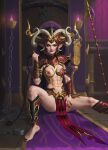  abs armor black_hair breasts chains crown dark_elf elf elf_ears elf_female green_eyes horns lipstick long_ears long_hair looking_at_viewer morathi no_shoes pelvic_curtain purple_lipstick semi_nude serotec shoulder_pads sorceress warhammer_(franchise) warhammer_fantasy warhammer_online:_age_of_reckoning whip 