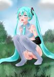 1girl aqua_eyes aqua_hair arm_sleeve bird bum crop_top long_socks miku_hatsune nightcore_(artist) open_mouth tie upskirt urinating vocaloid