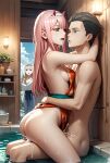 1boy 2_girls ai_generated arms_behind_head ass brown_hair cheating cheating_husband cowgirl_position cum cum_in_pussy darling_in_the_franxx kokoro_(darling_in_the_franxx) mitsuru pink_hair