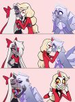 3_girls angel angel_wings centinel303 charlie_morningstar_(hazbin_hotel) emily_(hazbin_hotel) grey_skin halo hazbin_hotel kissing meme vaggie_(hazbin_hotel) white_skin yuri