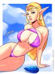 1girl alluring athletic athletic_female bare_legs big_breasts bikini blue_sky cleavage clouds female_focus female_only fit_female highleg_bikini hourglass_figure nintendo pin_up pinup_pose princess_zelda sparkietheartist super_smash_bros_melee the_legend_of_zelda the_legend_of_zelda:_ocarina_of_time wide_hips