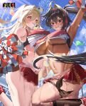  2_girls absurd_res arm_up armpits bay_(nikke) blonde_hair breasts brown_hair cheering cheerleader clay_(nikke) confetti crop_top crop_top_overhang dark-skinned_female dark_skin fireworks goddess_of_victory:_nikke high_res holding holding_hands holding_pom_poms leg_ribbon long_hair looking_at_viewer miniskirt mole mole_on_stomach mouth_hold multiple_girls navel pleated_skirt pom_pom_(cheerleading) pom_poms ponytail ribbon rossy_(yowayowachimpo) skirt standing standing_on_one_leg star_sticker sticker_on_face sweat thigh_ribbon torn_clothes torn_socks two-tone_skirt whistle 