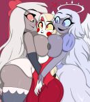  3_girls angel angel_wings cbear624 charlie_morningstar_(hazbin_hotel) emily_(hazbin_hotel) grey_skin halo hazbin_hotel hugged_from_behind hugging lingerie smirk vaggie_(hazbin_hotel) white_skin yuri 