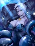  1girl 2016 angelbreed animal_humanoid big_breasts breasts bubble cecaelia cephalopod cephalopod_humanoid coleoid disney eel fangs female fish flotsam glowing glowing_eyes green_eyes group hair high_res humanoid hybrid jetsam jewelry looking_at_viewer marine marine_humanoid mollusk mollusk_humanoid moray_eel navel necklace octopodiform open_mouth pseudo_clothing red_eyes teeth tentacle the_little_mermaid underwater ursula water white_hair 