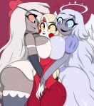 3_girls angel angel_wings cbear624 charlie_morningstar_(hazbin_hotel) emily_(hazbin_hotel) grey_skin halo hazbin_hotel hugged_from_behind hugging smirk vaggie_(hazbin_hotel) white_skin yuri