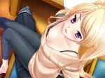 1boy 1girl areolae artist_request barefoot blonde_hair blush bra down_blouse downblouse female game_cg komine_chika lingerie long_hair nipple_slip nipples purple_eyes sitting sweater toppatsusei_milk_musume_chika twintails underwear