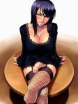 arm_support black_clothes black_hair black_panties blush breasts cleavage dress erect_nipples fishnet_legwear fishnets foreskin futanari garter_straps garters huge_breasts kagami_hirotaka large_breasts legs_crossed long_hair nico_robin one_piece panties penis sitting smile thighhighs